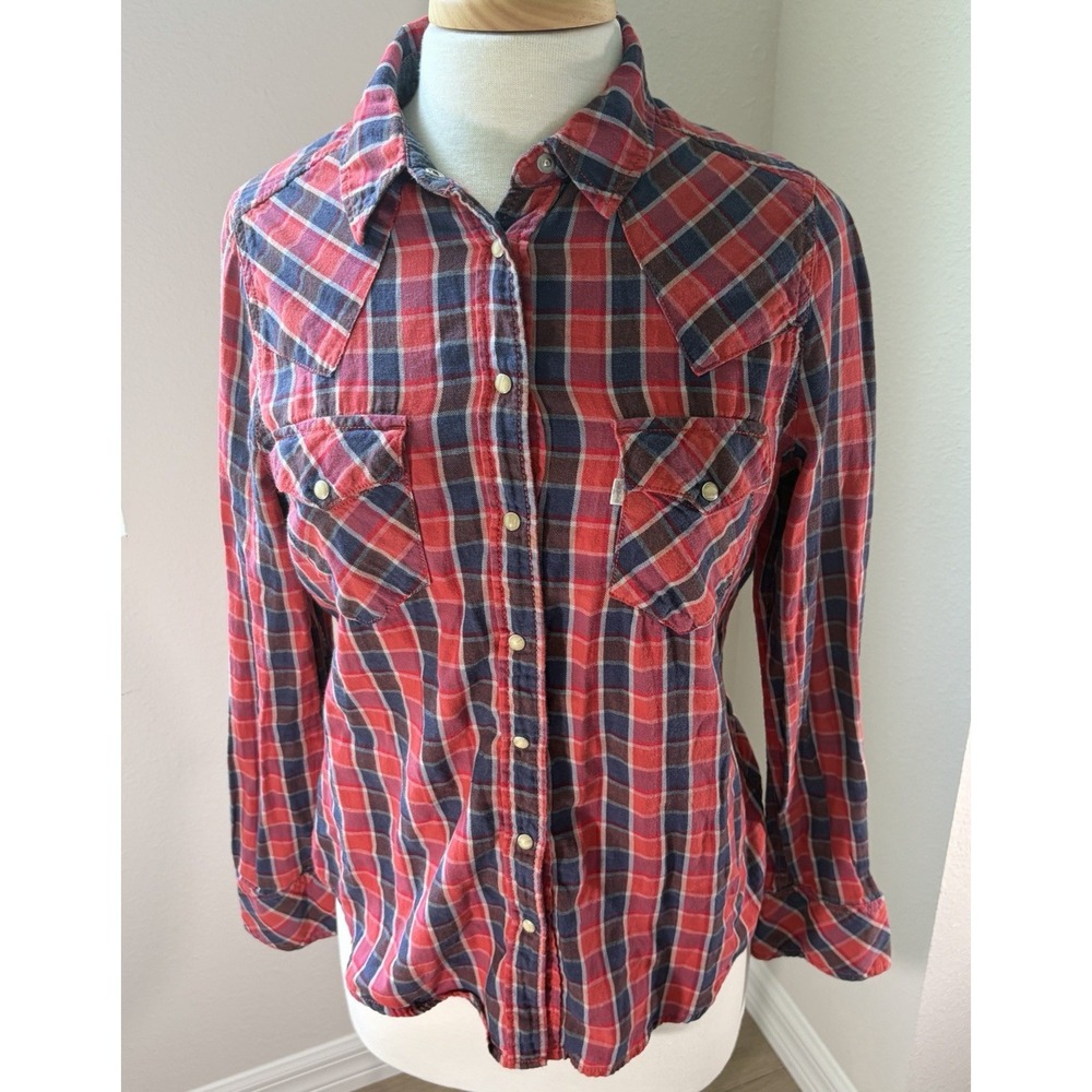 Levi's Women's S Red Blue Plaid Long Sleeve Button-Up Shirt Pockets